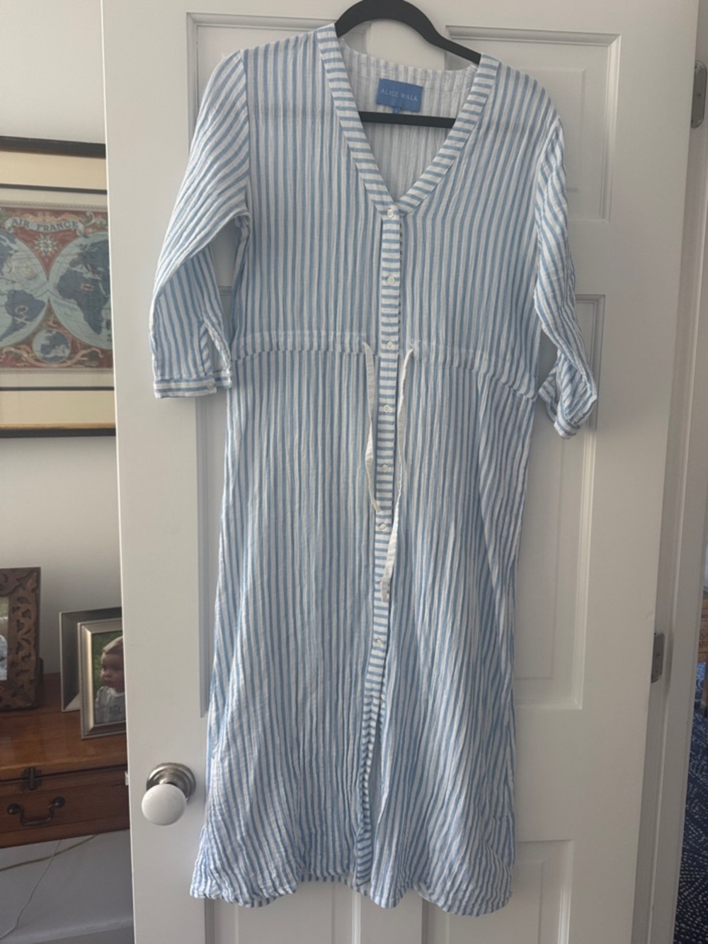 Alice Walk linen Blue and White Striped Midi Button-Front Dress